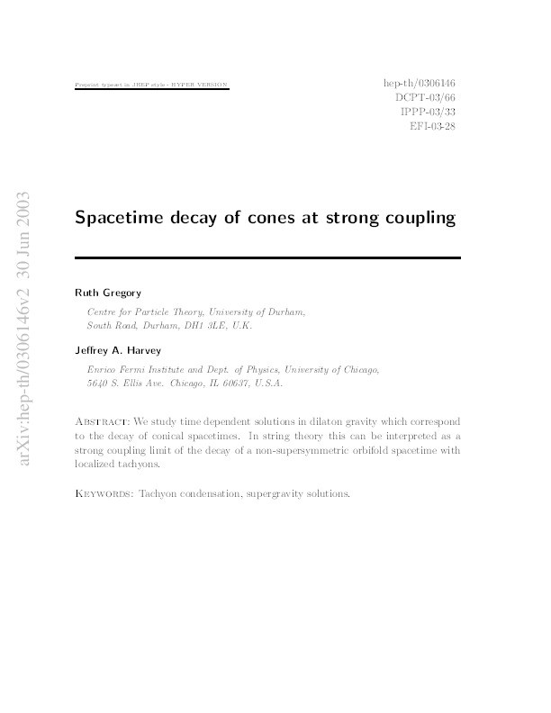 Spacetime decay of cones at strong coupling Thumbnail