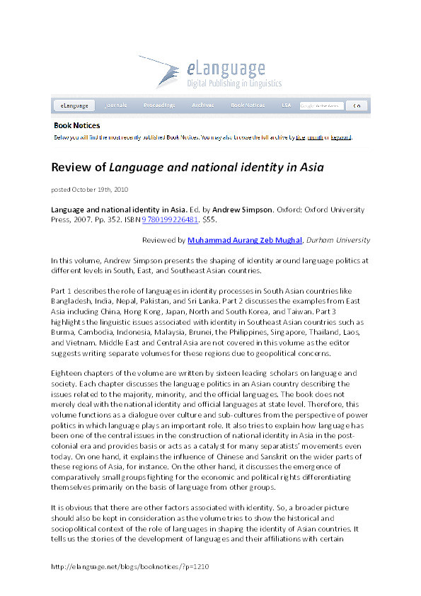 Review of "language and national identity in Asia" Thumbnail