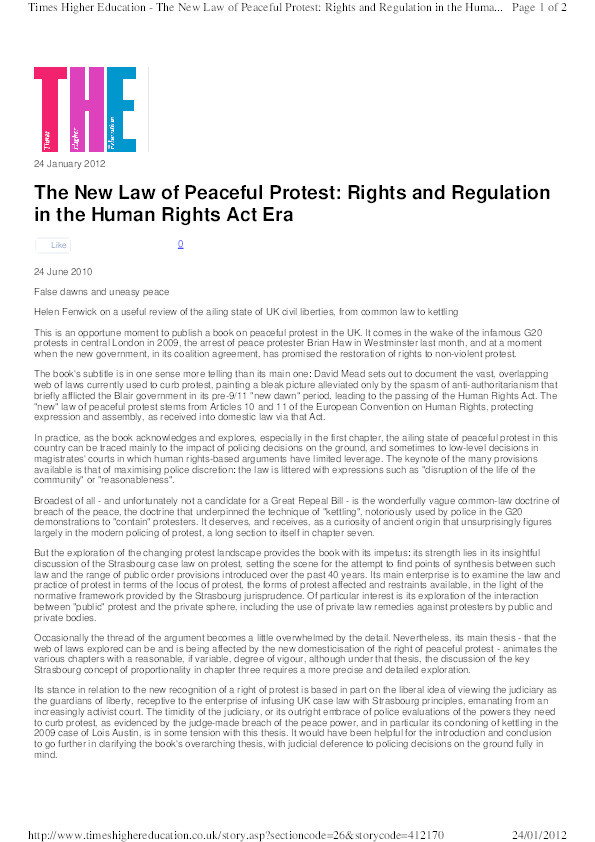 False Dawns and Uneasy Peace in "The New Law of Peaceful Protest: Rights and Regulation in the Human Rights Act Era"(D Mead) Thumbnail