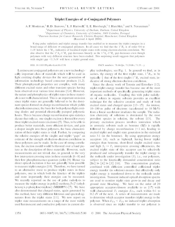 Triplet energies of pi-conjugated polymers Thumbnail