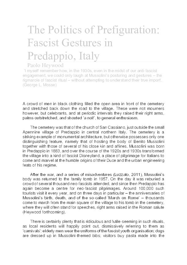 The politics of prefiguration: fascist gestures in Predappio, Italy Thumbnail