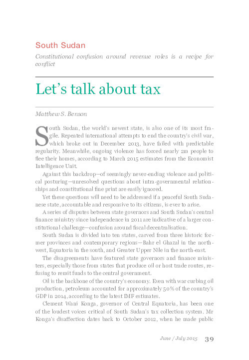 Let's Talk About Tax: Constitutional confusion around revenue roles is a recipe for conflict in South Sudan Thumbnail