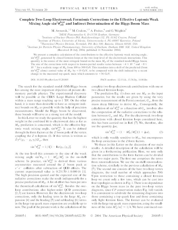 Complete two-loop electroweak fermionic corrections to the effective leptonic weak mixing angle sin.(²θ<SUP>lept</SUP><SUB>eff</SUB> and Indirect Determination of the Higgs Boson Mass Thumbnail