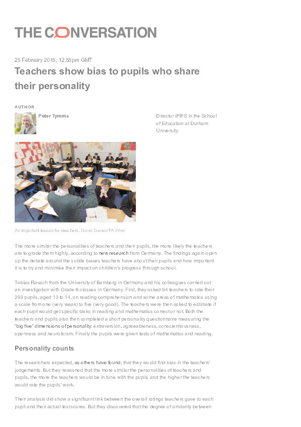 Teachers show bias to pupils who share their personality Thumbnail