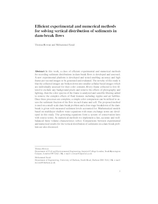 Efficient Experimental and Numerical Methods for Solving Vertical Distribution of Sediments in Dam-Break Flows Thumbnail