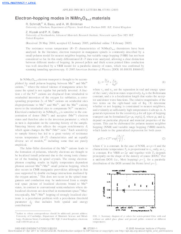 Electron-hopping modes in NiMn₂O<SUB>4+δ</SUB> materials Thumbnail