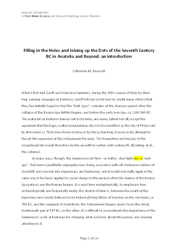 Filling in the Holes and Joining up the Dots of the Seventh Century BC in Anatolia and Beyond: an introduction Thumbnail