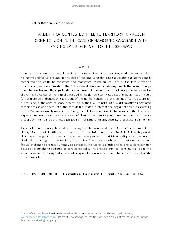 Validity of Contested Title to Territory in Frozen Conflict Zones: The Case of Nagorno Karabakh with Particular Reference to the 2020 War Thumbnail