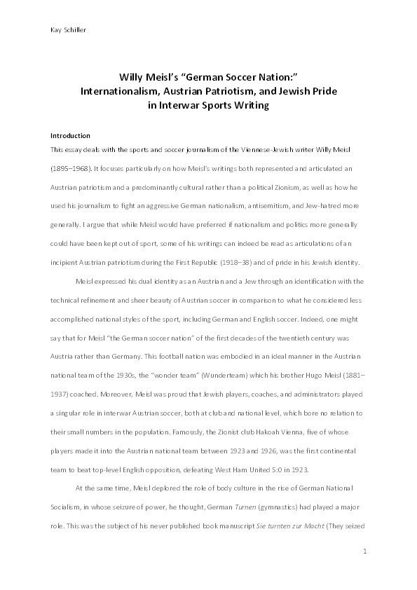 Willy Meisl’s “German Football Nation”: Internationalism, Austrian Patriotism, and Jewish Pride in Interwar Sports Writing Thumbnail