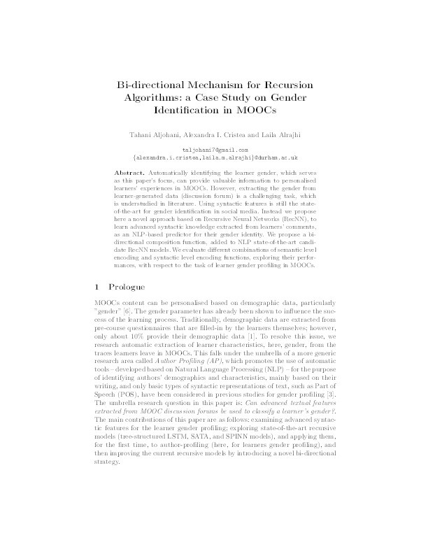 Bi-directional Mechanism for Recursion Algorithms: A Case Study on Gender Identification in MOOCs Thumbnail