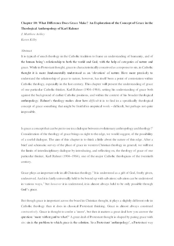 What difference does grace make? An exploration of the concept of grace in the theological anthropology of Karl Rahner Thumbnail