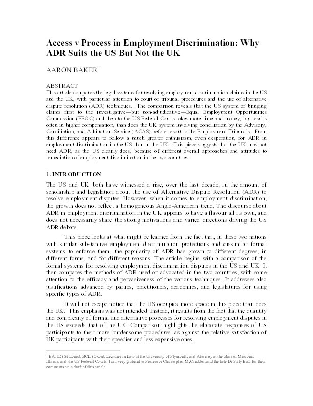 Access v Process in Employment Discrimination: Why ADR suits the US but not the UK Thumbnail