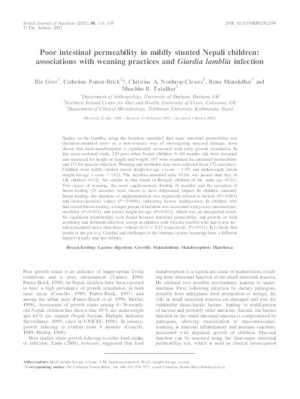Poor intestinal permeability in mildly stunted Nepali children: associations with weaning practices and Giardia lamblia infection Thumbnail