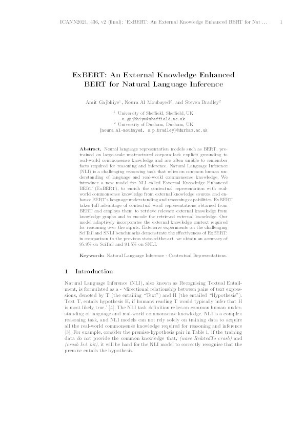 ExBERT: An External Knowledge Enhanced BERT for Natural Language Inference Thumbnail