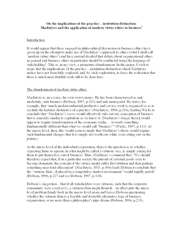 On the implications of the practice-institution distinction: MacIntyre and the application of modern virtue ethics to business Thumbnail