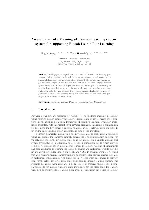 An Evaluation of a Meaningful Discovery Learning Support System for Supporting E-book User in Pair Learning Thumbnail
