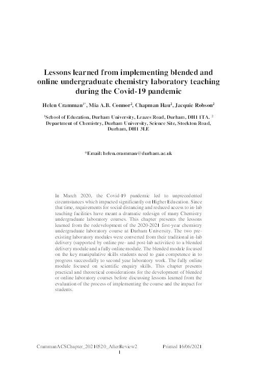 Lessons learned from implementing blended and online undergraduate chemistry laboratory teaching during the Covid-19 pandemic Thumbnail