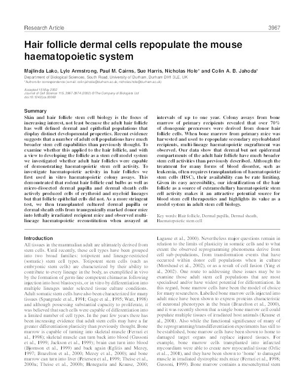 Hair follicle dermal cells repopulate the mouse haematopoietic system Thumbnail