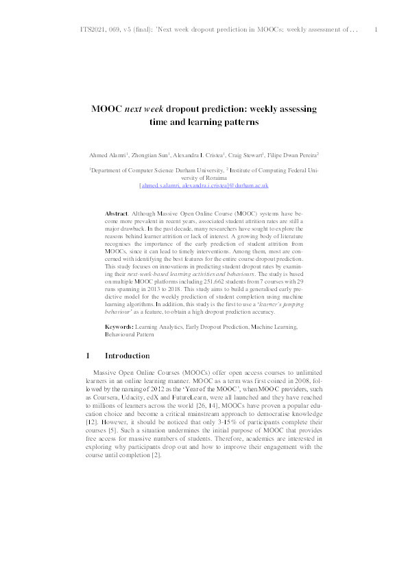MOOC next week dropout prediction: weekly assessing time and learning patterns Thumbnail