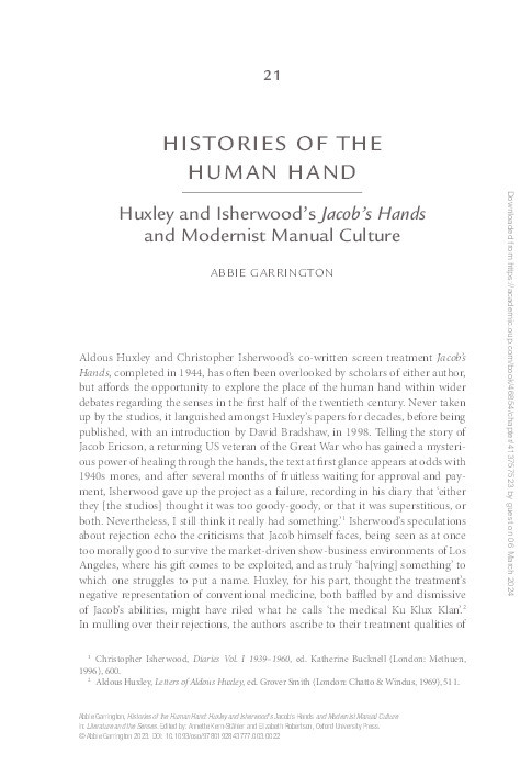 Histories of the Human Hand: Huxley and Isherwood’s Jacob’s Hands and Modernist Manual Culture Thumbnail