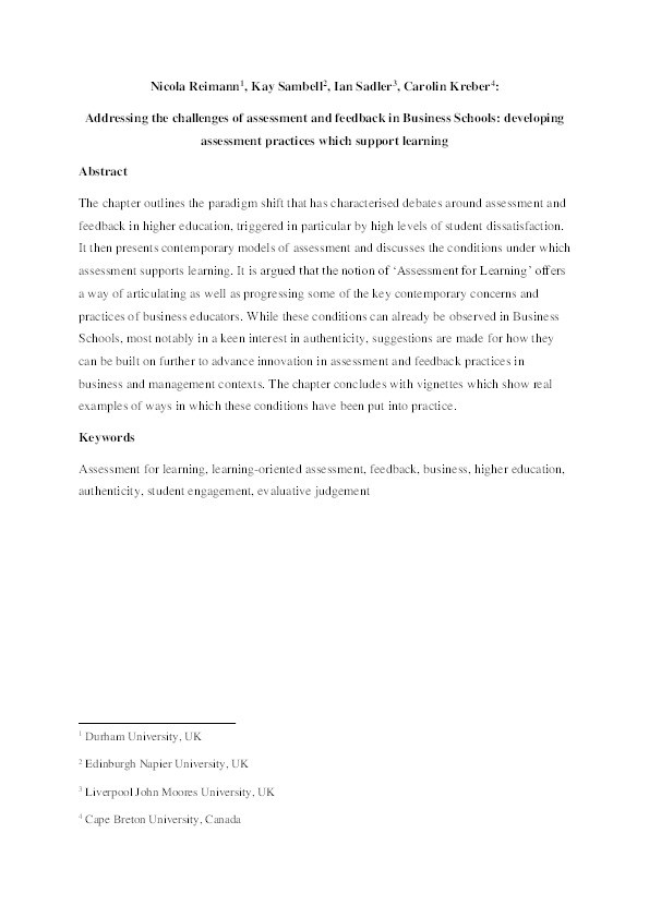 Addressing the challenges of assessment and feedback in Business Schools: developing assessment practices which support learning Thumbnail