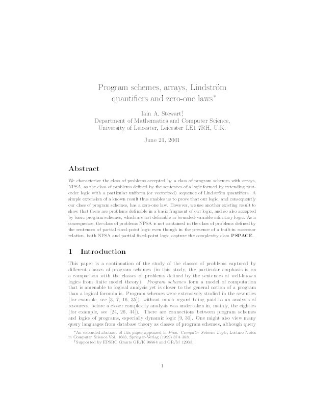 Program schemes, arrays, Lindström quantifiers and zero-one laws Thumbnail