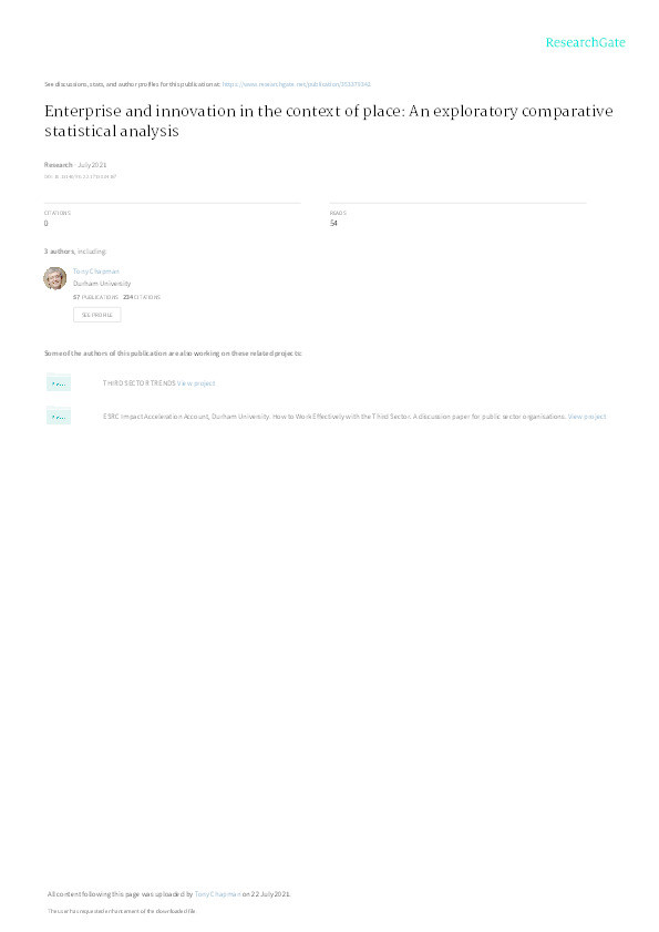 Enterprise and innovation in the context of place: An exploratory comparative statistical analysis Thumbnail