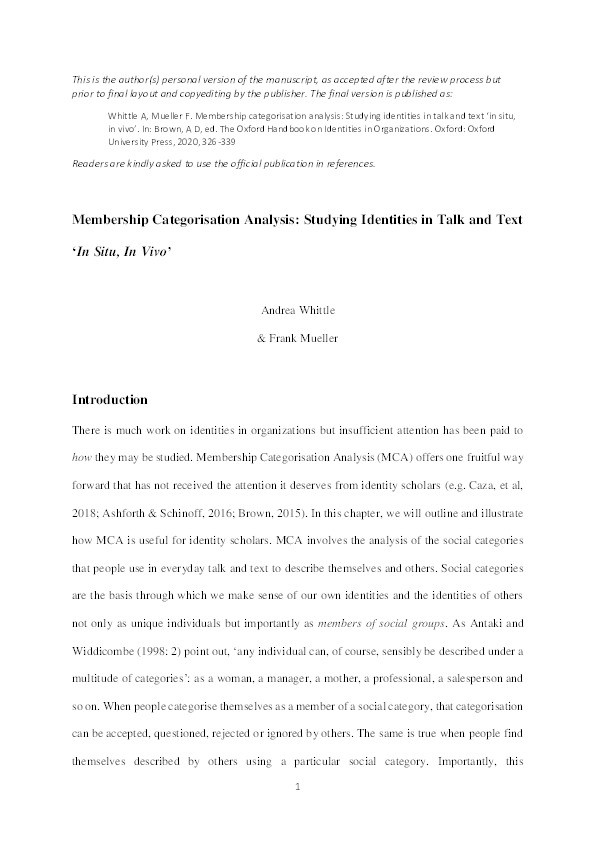 Membership Categorization Analysis: Studying Identities in Talk and Text ‘In Situ, In Vivo’ Thumbnail