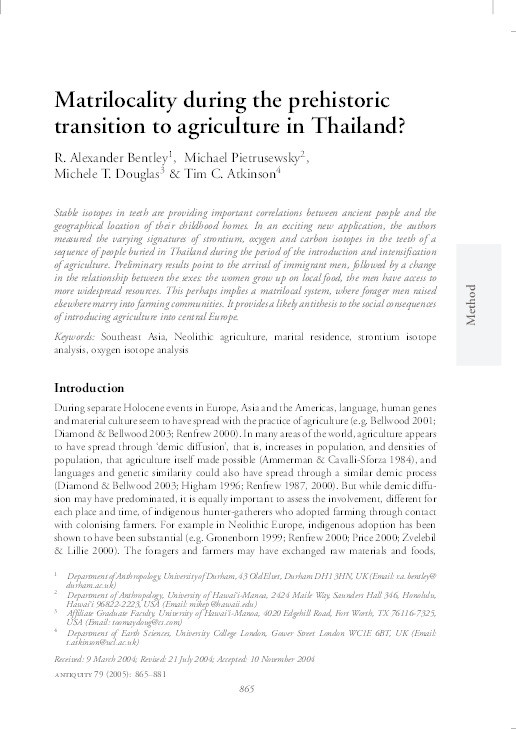 Matrilocality during the prehistoric transition to agriculture in Thailand? Thumbnail