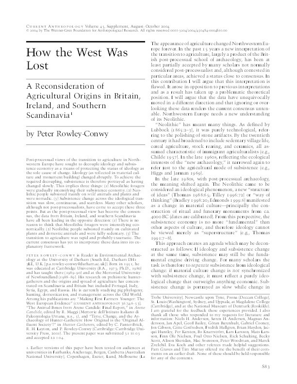 How the West was lost: a reconsideration of agricultural origins in Britain, Ireland and southern Scandinavia Thumbnail