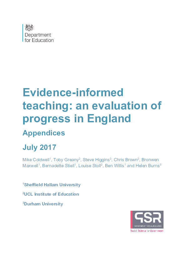 Evidence-informed teaching : an evaluation of progress in England. Appendices. July 2017 (DFE- RR696a) Thumbnail