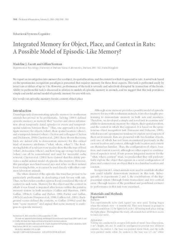 Integrated memory for object, place and context in rats: a possible model of episodic-like memory? Thumbnail