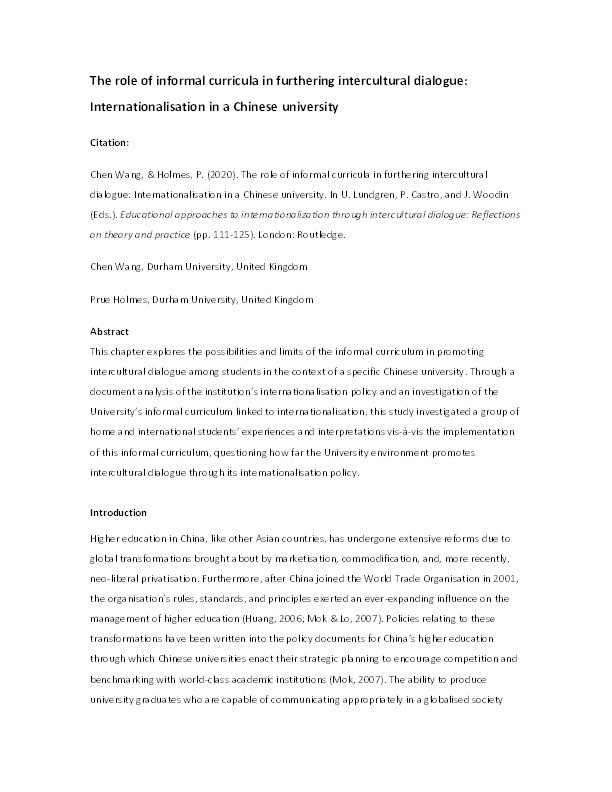 The role of informal curricula in furthering intercultural dialogue: Internationalisation in a Chinese university Thumbnail