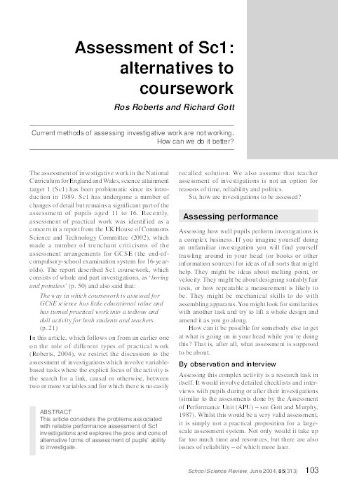 Assessment of Sc1: alternatives to coursework? Thumbnail