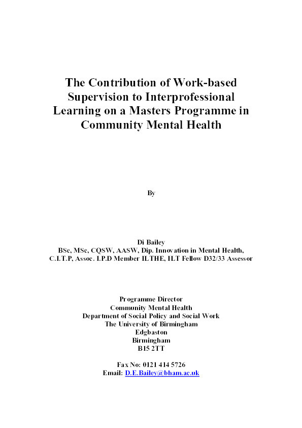 The Contribution of Work-based Supervision to Interprofessional Learning on a Masters Programme in Community Mental Health Thumbnail