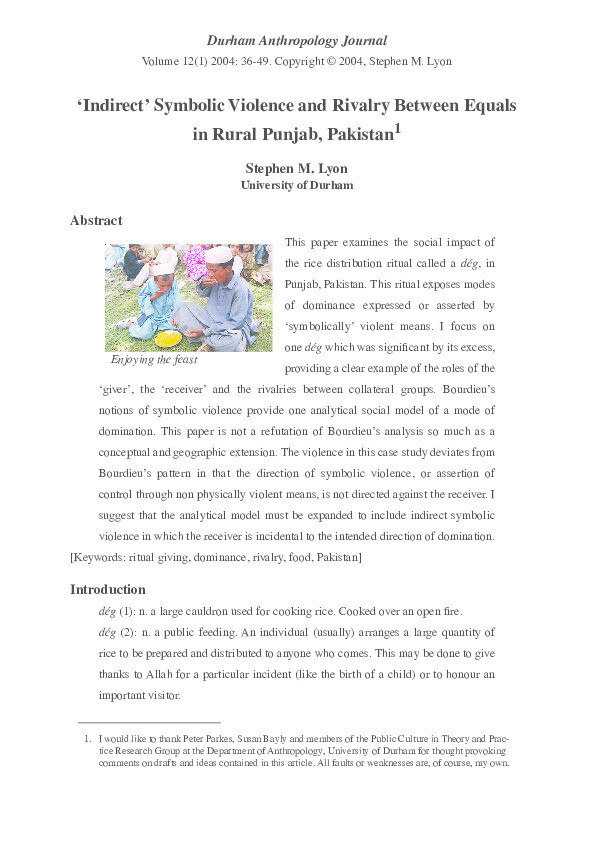 'Indirect' symbolic violence and rivalry between equals in rural Punjab, Pakistan Thumbnail