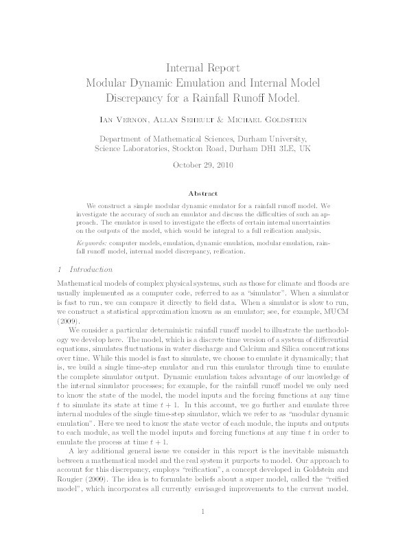 Modular Dynamic Emulation and Internal Model Discrepancy for a Rainfall Runoff Model Thumbnail