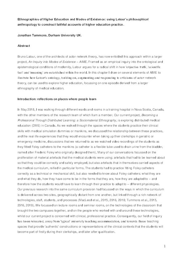 Ethnographies of Higher Education and Modes of Existence: using Latour's philosophical anthropology to construct faithful accounts of higher education practice Thumbnail