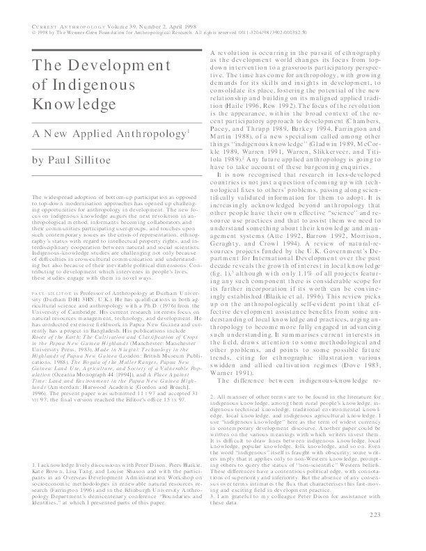 The development of indigenous knowledge: a new applied anthropology Thumbnail