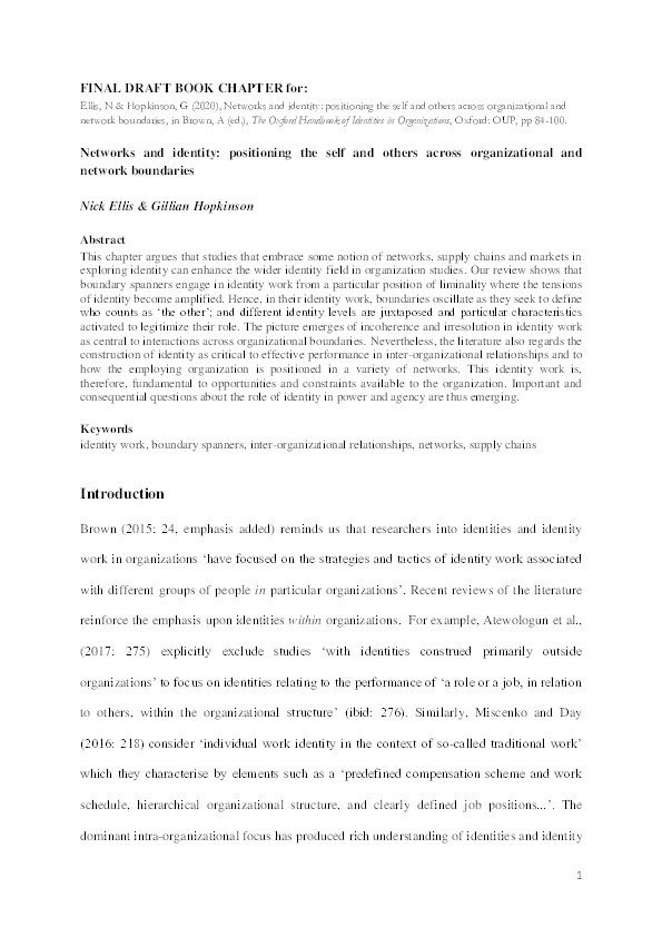 Networks and identity: positioning the self and others across organizational and network boundaries Thumbnail