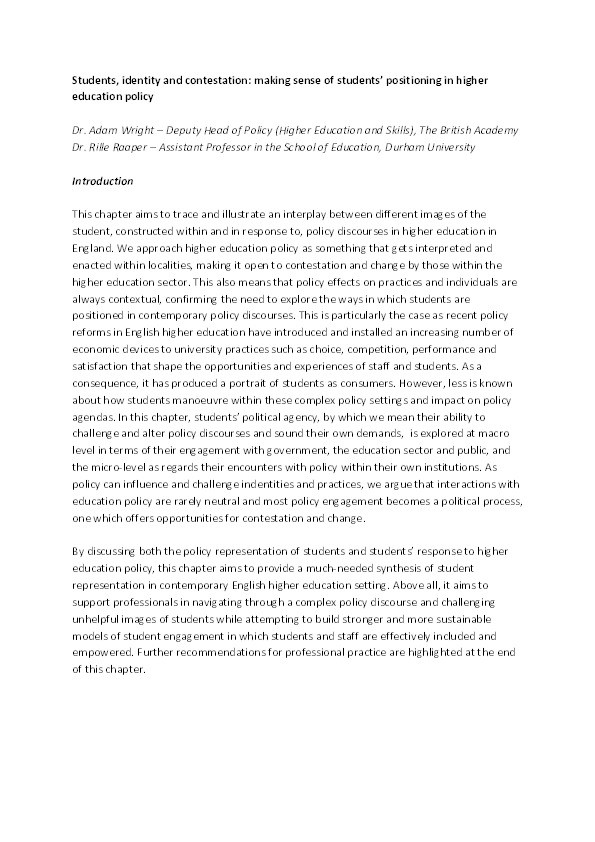 Contesting student identities: making sense of students’ positioning in higher education policy Thumbnail