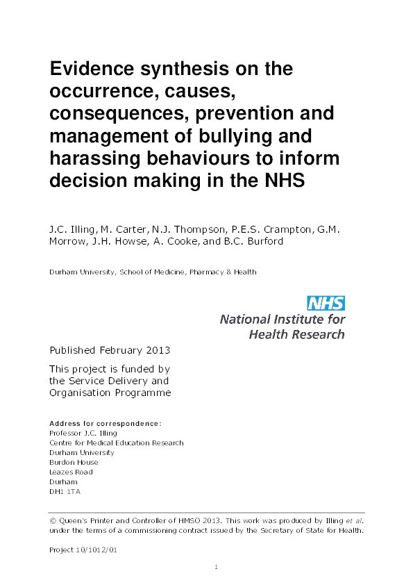 Evidence Synthesis on the occurrence, causes, consequences, prevention and management of bullying and harassing behaviours to inform decision-making in the NHS Thumbnail