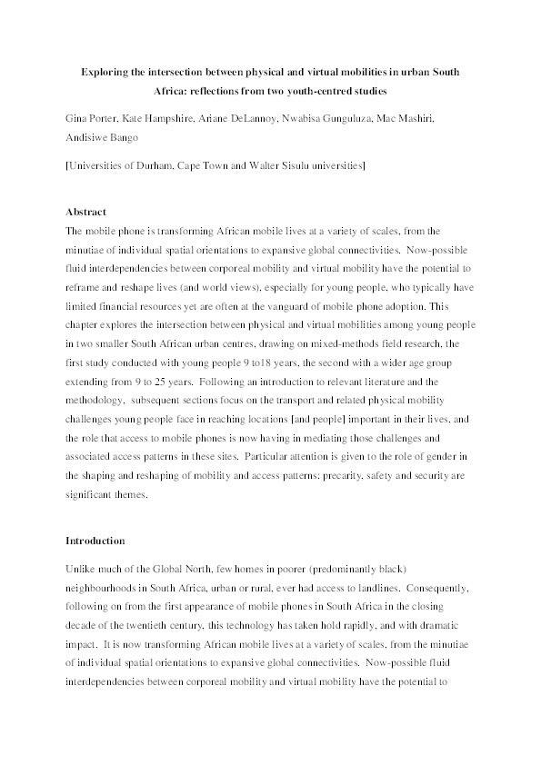 Exploring the intersection between physical and virtual mobilities in urban South Africa: reﬂections from two youth-centred studies Thumbnail