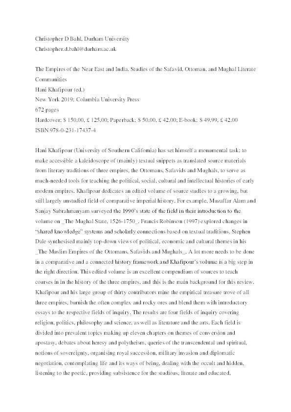 Khafipour, Hani (ed.): The Empires of the Near East and India. Source Studies of the Safavid, Ottoman, and Mughal Literate Communities Thumbnail