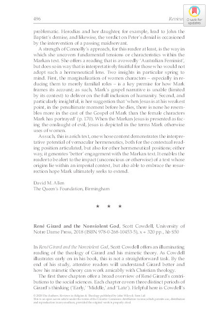 René Girard and the Nonviolent God, Scott Cowdell, University of Notre Dame Press, 2018 (ISBN 978‐0‐268‐10453‐5) Thumbnail