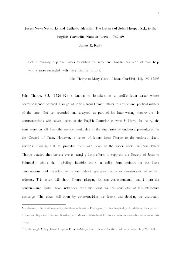 Jesuit News Networks and Catholic Identity: The Letters of John Thorpe, S.J., to the English Carmelite Nuns at Lierre, 1769–89 Thumbnail