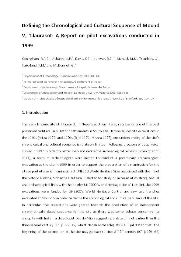 Defining the Chronological and Cultural Sequence of Mound V, Tilaurakot: A Report on pilot excavations conducted in 1999 Thumbnail