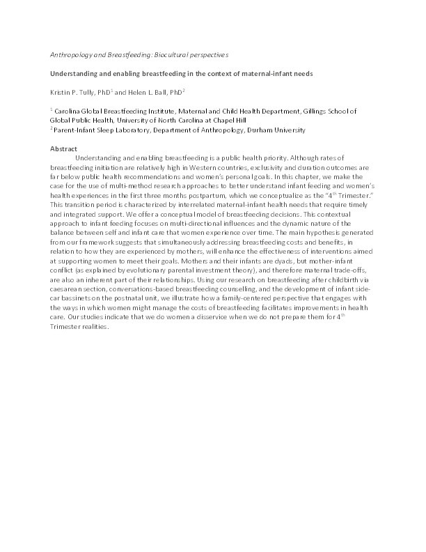 Understanding and enabling breastfeeding in the context of maternal-infant needs Thumbnail