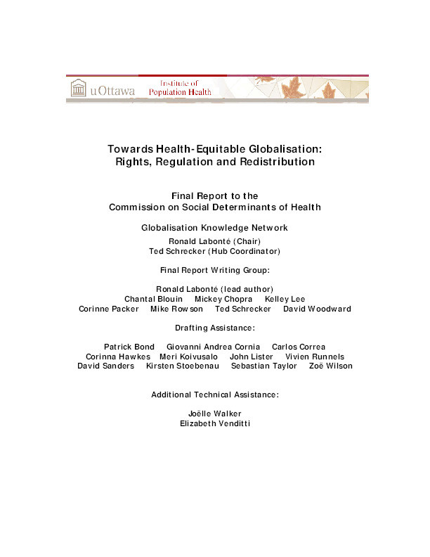 Towards Health-Equitable Globalisation: Rights, Regulation and Redistribution: Final Report to the Commission on Social Determinants of Health Thumbnail