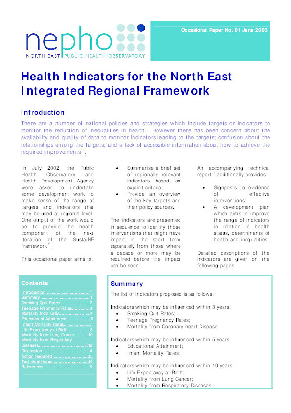 Health Indicators for the North East Integrated Regional Framework Thumbnail